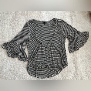 Allison Brittney Black and White Ruffled Bell Sleeve Blouse